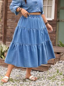 SHEIN LUNE Jupe en jean décontractée avec taille élastique et volants, grande taille grande, été - Jean bleu - Voir 4