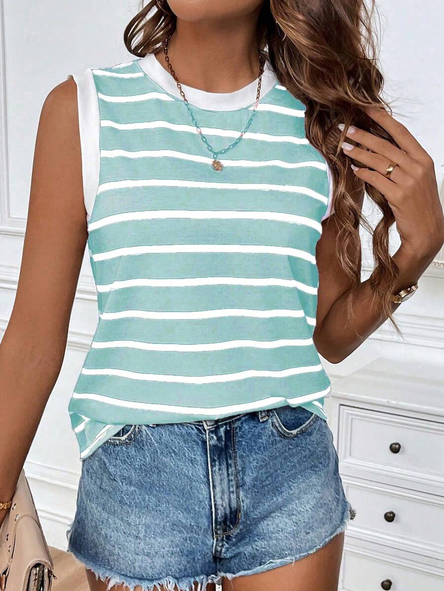 EMERY ROSE Parte superior gráfica informal de verano para mujer con cuello redondo y rayas blancas y negras