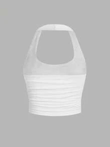 SHEIN EZwear 女士休闲性感低胸褶饰露背吊带背心，20% 棉，蝴蝶结装饰 - 白色 - 查看 4
