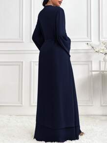 Al Najma Women's Crew Neck Long Flare Sleeve Waist Tie Elegant Abaya Robe, Modest Elegant Style For Casual Daily/Work/Holiday/Evening Parties/Wedding Guest - Navy Blue - View 2
