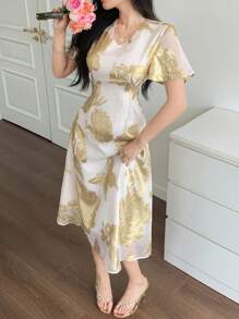 DAZY 女士V领宽松中长蕾丝连衣裙 - 杏色 - 查看 5