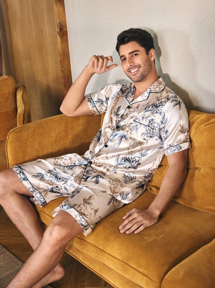 Men's Floral Faux Silk Short Sleeve Shorts Pajama Set Pajama Sets For Couples - Apricot - View 4
