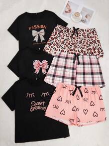 SHEIN 6pcs Plus Size Knit Round Neck Short Sleeve Top & Shorts Pajama Set, Outfits  Cozy And Elegant Details - Multicolor - View 1