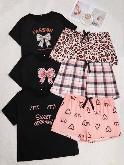 SHEIN 6 件加大码针织圆领短袖上衣和短裤睡衣套装