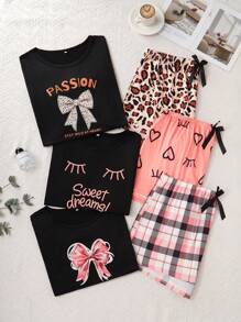 SHEIN 6pcs Plus Size Knit Round Neck Short Sleeve Top & Shorts Pajama Set, Outfits  Cozy And Elegant Details - Multicolor - View 3