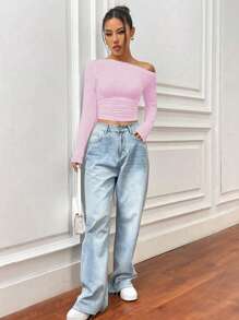 SHEIN Unity 纯色不对称领褶皱修身长袖T恤，适合新年服装 - 粉色 - 查看 3