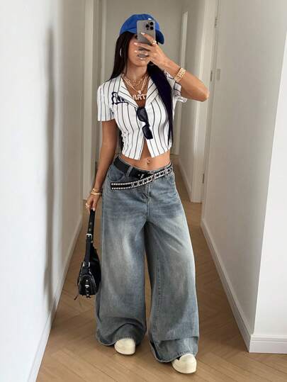 StreetHx Camisa casual de mujer con botones, de manga corta, con estampado de rayas y letras, estilo streetwear