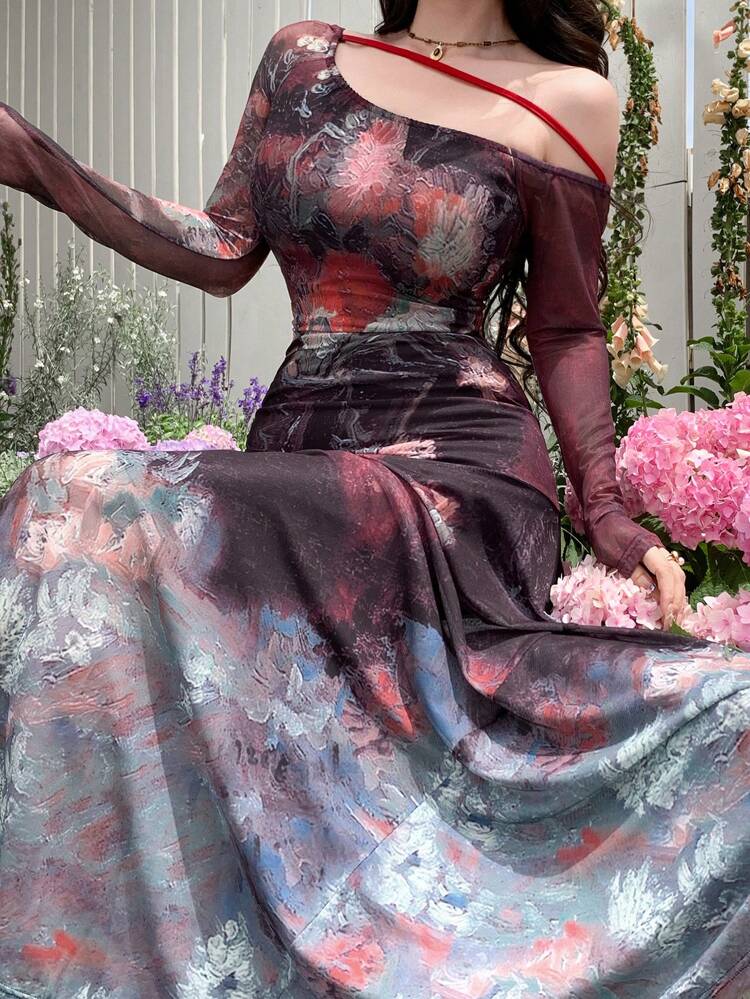 Tie-Dye Tie Dye Spaghetti Strap Sexy Wrap Dress, Fall Long Sleeve Dress Maxi Dress