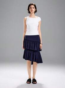 LYSMO Asymmetrical Pleated Blue Skirt, Fashionable For Summer - Navy Blue - View 5