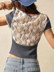 Bohemela Summer BOHO Casual Solid Color Knit Contrast Lace Fitted Short Sleeve Crop Top For Women