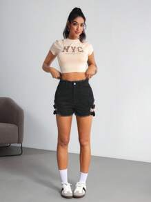 SHEIN Tall Women's Denim Shorts, Fashionable For Summer, Tall Women - Black - View 1