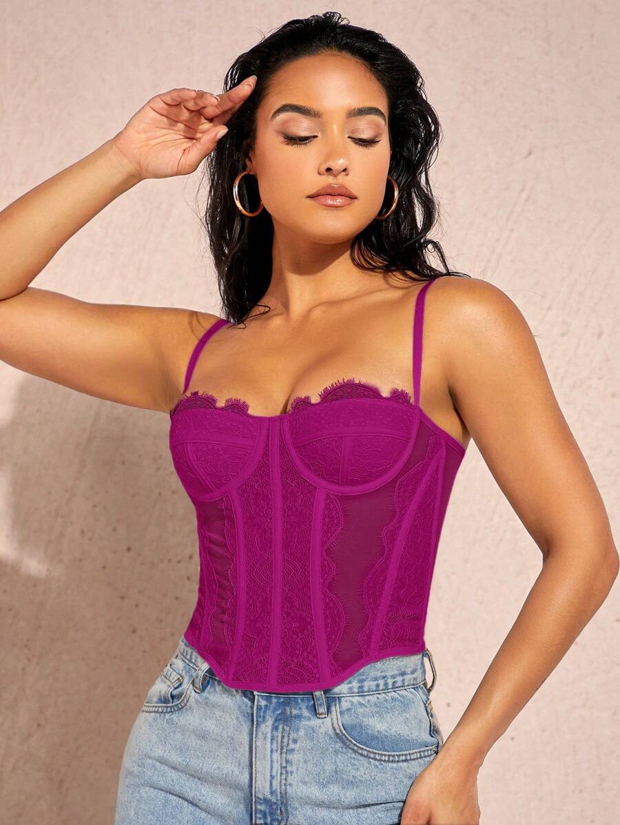 Silquee Ladies' Slim Fit Lace Contrast Mesh Camisole Top,Fall/Autumn - Violet Purple - View 1