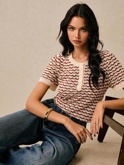 Poéselle 女式纽扣前开襟波浪条纹短袖休闲针织衬衫