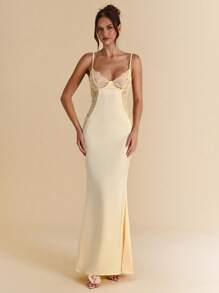 SHEIN BAE 优雅春夏纯红色蕾丝拼布缎面连衣裙，红色连衣裙，婚礼派对伴娘礼服，优雅连衣裙 - 紅色 - 查看 3