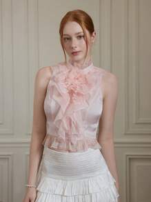 SHEIN MOD 梦幻浪漫粉色高领优雅宫廷背心，带有分层褶边 - 非常适合度假、约会、生日庆祝、下午茶和节日、夏季、海滩、度假、狂欢、乡村音乐会 - 粉色 - 查看 4