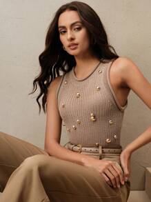 Anewsta Summer Cool Thick Knit Hollow-Out Metal Mirrored Beaded Rolled Hem Vest - Khaki - View 4
