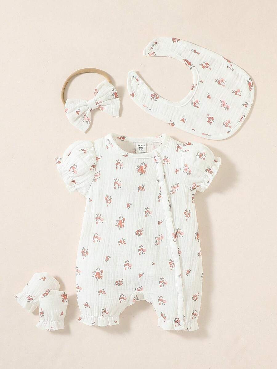 SHEIN Playful Pals Baby Girl Casual Ditsy Floral Puff Sleeve Romper, Summer