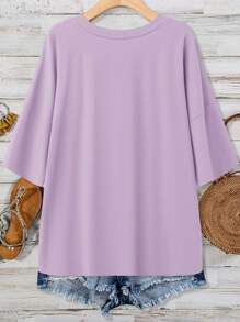 SHEIN LUNE Áo thun nữ cổ chữ V cỡ lớn màu xanh lá cây có túi mùa hè bằng cotton - Màu Lilac Tím - Xem 2