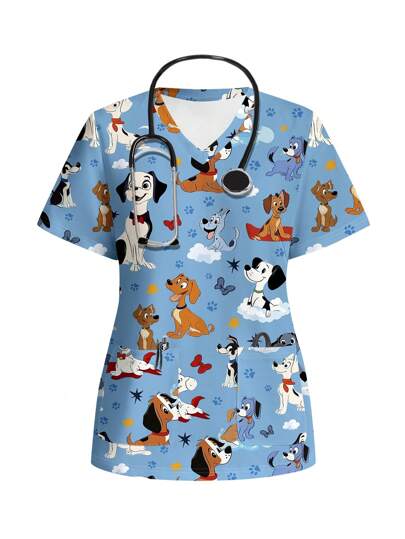 PopScrub Cartoon Dog Pattern Casual Minimalist /Healthcare Scrub Uniform Short Sleeve Top