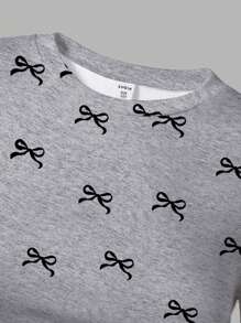 Sparklyn 2025 Summer New Arrival Teenage Fashion Delicate Black Coral Bow Print Women Short Sleeve Cropped T-Shirt Bow Shirts Cute Shirt Bow Shirt Teen Shirts For Girls Tween Bow Shirt Cute Summer Holiday - Grey - View 4