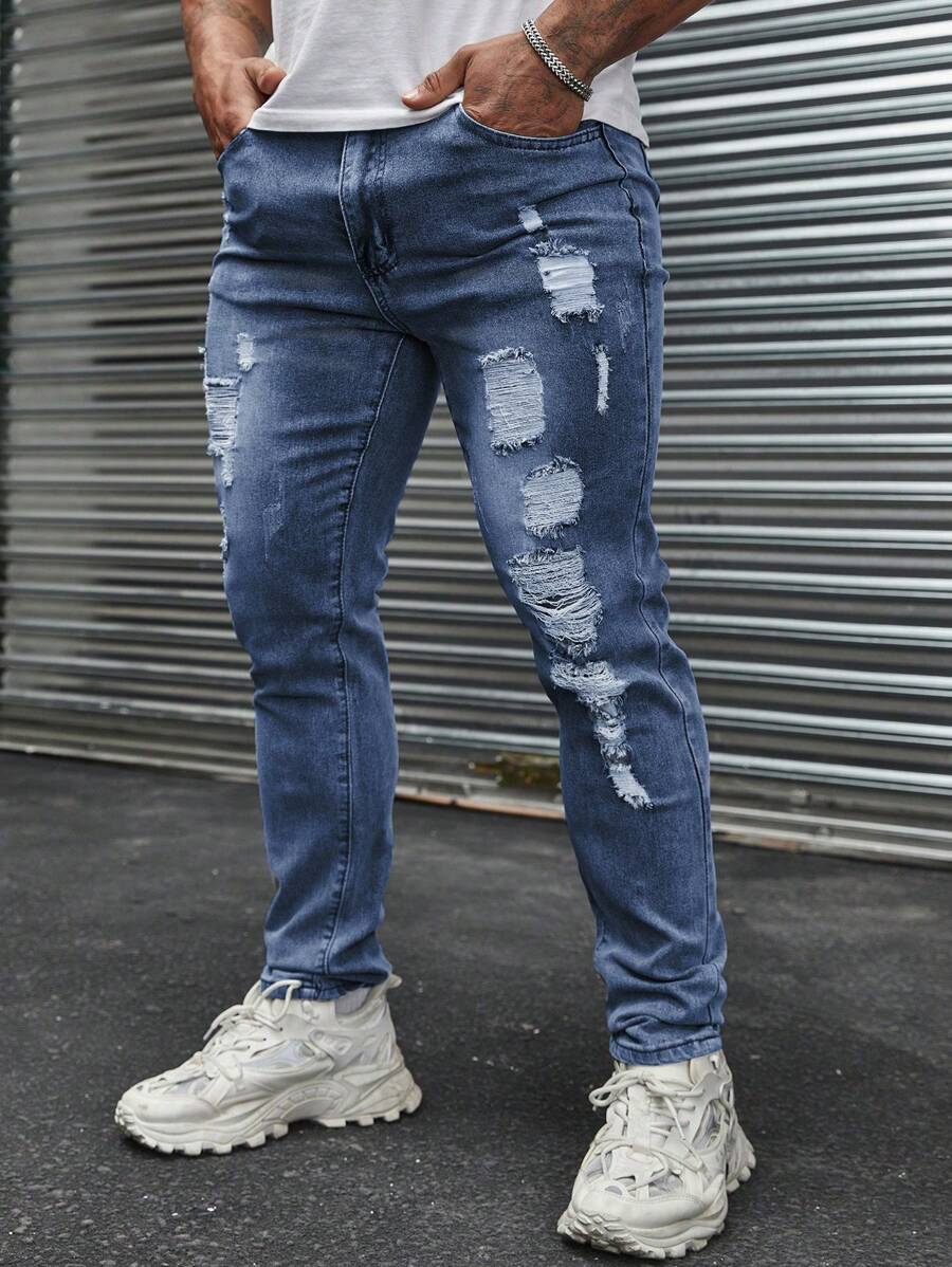 Manfinity LEGND Men's Ripped Slim Fit Casual Distressed Denim Jeans - Dark Wash - View 1