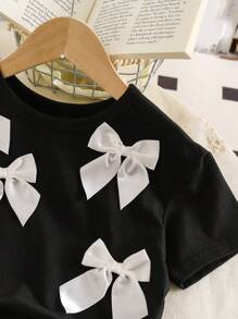 SHEIN 2pcs/Set Young Girl Bow Decor Short Sleeve T-Shirt And Pants, Casual Outfit - Multicolor - View 3