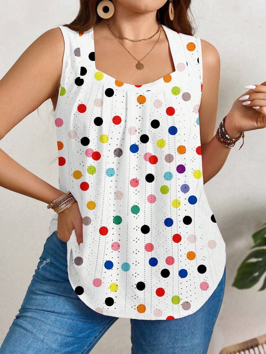 EMERY ROSE 彩色波尔卡圆点印花加大码吊带背心和背心，适合夏季 - 白色 - 查看 1