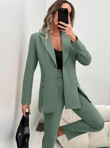 EURMUSE Bộ đồ vest tay dài đơn hàng khuy đơn ve trơn màu cho nữ và quần - Màu xanh Bạc hà - Xem 3