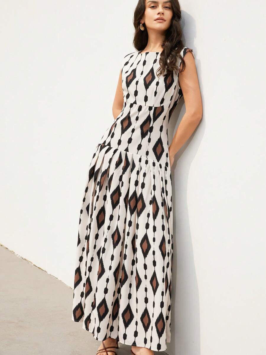 Aveloria Modichic Elegant Lady-Like Sleeveless Ruched Waist Low-Waist Flounce Hem Design Dress, Suitable For Commuting - Multicolor - View 1