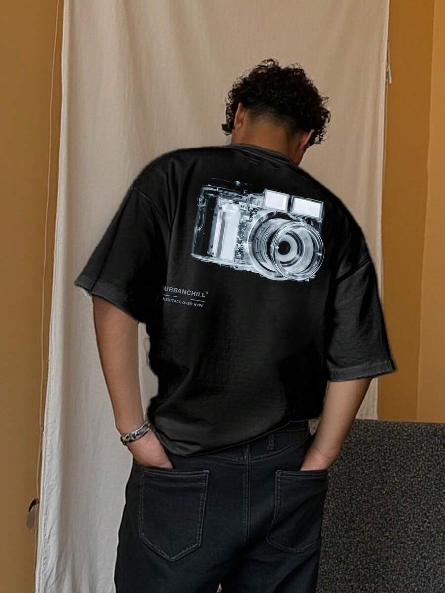 SWAVVY Standard Size Men's Black Short Camera Print T-Shirt, Fashionable For Summer - Black - View 1