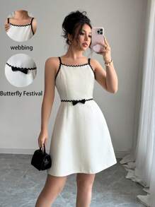 Selianne Váy ngắn họa tiết vải chất lượng cao màu mơ mùa hè cho nữ, sóng đen, ruy băng, màu tương phản, thiết kế trang trí - Màu be - Xem 1