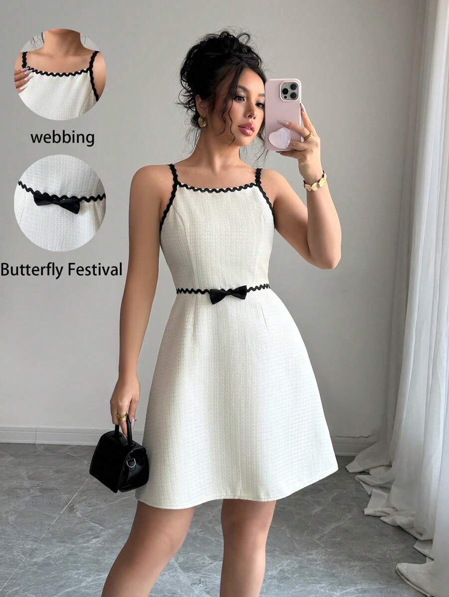 Selianne Váy ngắn họa tiết vải chất lượng cao màu mơ mùa hè cho nữ, sóng đen, ruy băng, màu tương phản, thiết kế trang trí - Màu be - Xem 1