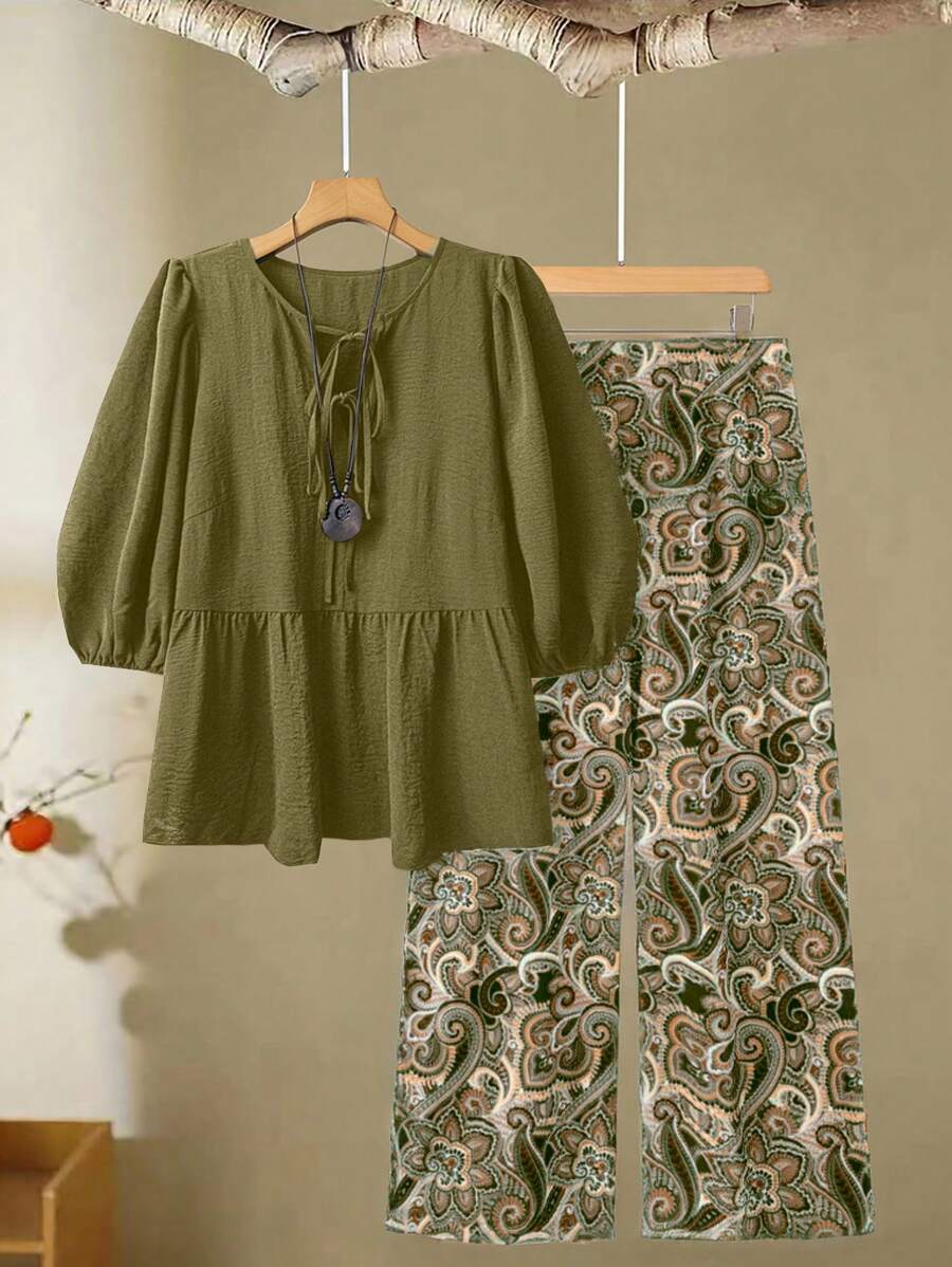 Linhara Bộ 2 món áo cánh thắt nút phía trước và quần ống rộng in họa tiết thường ngày cho nữ cỡ lớn - Màu xanh Ô liu - Xem 1