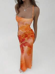 Aloruh فستان ماكسي للنساء ذو رقبة رخوة وظهر مفتوح وأشرطة متقاطعة مناسب للصيف والعطلات، بطبعة أزهار الخبرى البرتقالية الأنيقة، طبعة أزهار هاواي