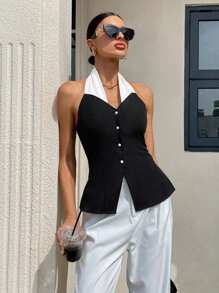 Siren Gaze 女士优雅通勤黑白吊带衬衫，适合夏季、母亲节 - 黑與白 - 查看 4