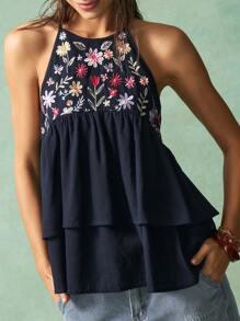 Bohemela Women Casual Solid Color Woven Embroidered Off-Shoulder Tank Top - Black - View 5
