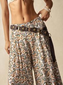 Bohemela Bohemian Style Woven Printed High Waist Flare Wide Leg Pants, Suitable For Countryside Holiday