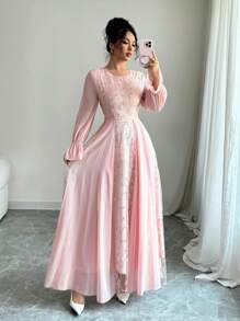 Modelyn Mesh Embroidered Patchwork Chiffon Flare Sleeve Dress For Women Fall Cloth For Women - Pink - View 7