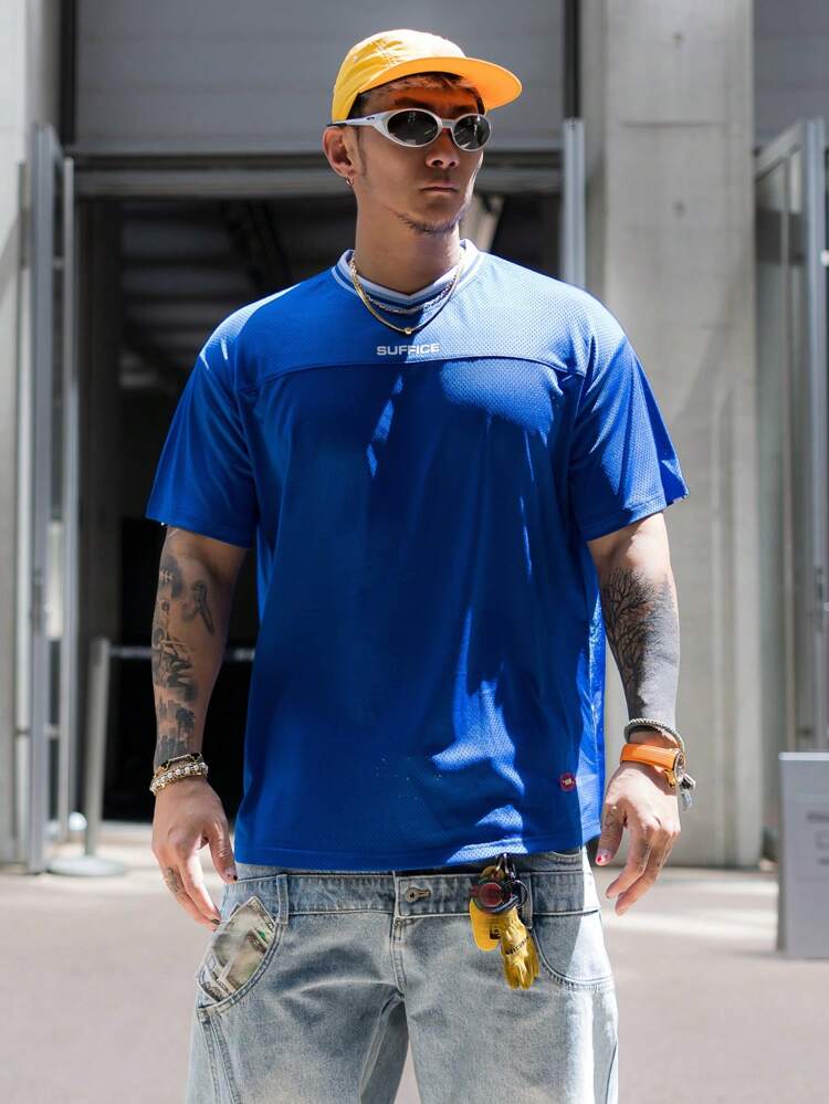 Men's Graphic Line & Letter Print Decorated T-Shirt, Multicolor Summer