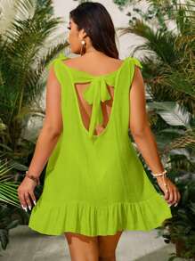 Slaydiva Vestido de talla grande para mujer con nudo en el hombro y sin mangas, para la vacación - Verde - Ver 2