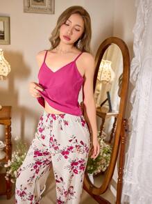 CottageSlumber Solid Color V-Neck Camisole And Printed Long Pants Pajama Set Holidayseason