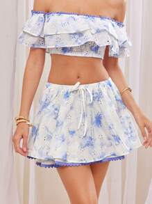 L'Amorae Elegant Romantic Vacation Ruffle Layered Flare Mini Skirt - Blue and White - View 4