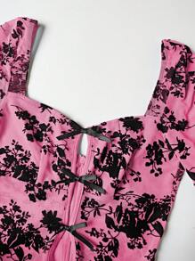 EgrlEra 女士性感派对植绒网眼花卉印花纯色长袖紧身连衣裙 - 粉色 - 查看 5