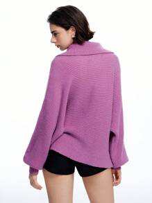 SHEIN EZwear Luźny zielony sweter z kołnierzykiem i rękawami biskupimi - Fioletowy - Zobacz 2