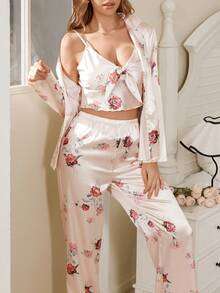 SHEIN Floral Print Cami And Shorts Pajama Set, Faux Silk - Multicolor - View 1