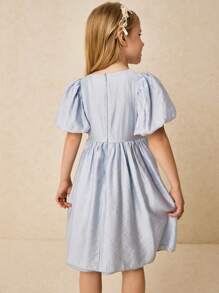 SHEIN Young Girls & Elegant Gray-Blue Floral Ruffled Sleeve Dress