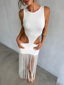 Aloruh 女士春夏新款白色纯色修身迷你连衣裙，腰部镂空设计，流苏细节，波西米亚风度假连衣裙，约会连衣裙，女士派对连衣裙，女士夜店装扮，音乐节装扮，锐舞音乐节装扮，女士音乐节装扮，乡村音乐会装扮，音乐节装扮，女士吊带裙，西部风格女装，女士夏季连衣裙，女士连衣裙，女士夏季装扮，白色连衣裙，女士白色连衣裙，波西米亚风 - 白色 - 查看 4