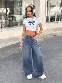 SHEIN 少女 Y2K 时尚条纹蝴蝶结宽松复古休闲斜口袋直筒牛仔裤，春夏假期 - 中等水洗藍 - 查看 7