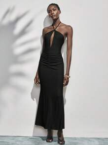 Lumivelle 全新优雅荷叶边细肩带连衣裙，高品质镂空露背修身长款雪纺连衣裙