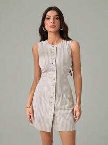 SHEIN Tall 女士优雅别致通勤前扣无袖条纹休闲迷你连衣裙，春夏，修身圆领背心裙，亚麻条纹面料，办公室通勤连衣裙，优雅时尚的通勤装，法式假日装扮，办公室警笛风格装扮，女士夏季连衣裙，茶会连衣裙 - 杏色 - 查看 6